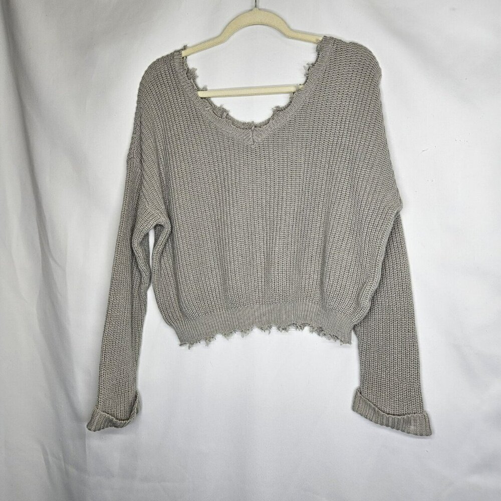 Moon & Madison Sweater Gray Boho Distressed Raw Hem Cropped Boxy Pullover Knit L